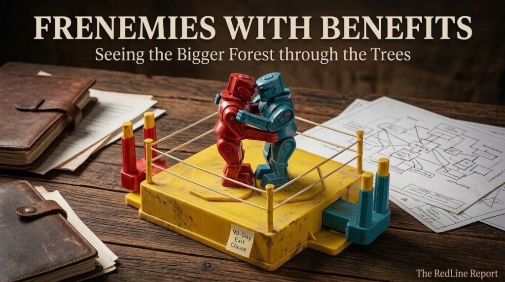 Red and blue toy boxing robots locked in a clinch inside a yellow ring with a note reading 90-Day Exit Clause, under the title Frenemies with Benefits: Seeing the Bigger Forest through the Trees, The RedLine Report