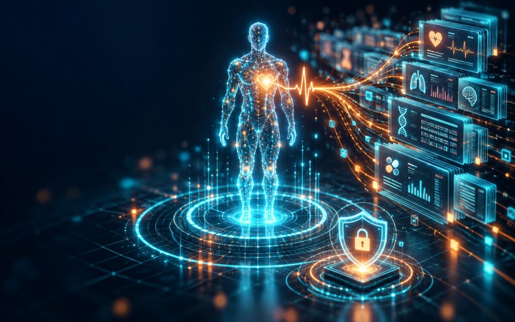 Glowing digital-twin human figure with a heartbeat line flowing into stacked clinical data cards, beside a shield and lock symbolising governed, private health data